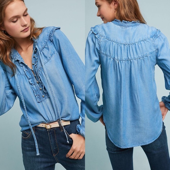 Maeve Tops - MAEVE Chambray Denim Ruffle Blouse